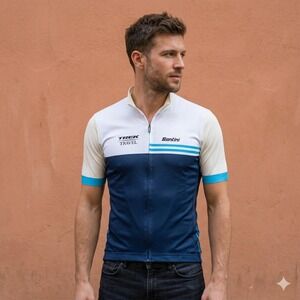 Santini Trek Travel Cycling Jersey Mens Large Blue White Full Zip Short Sleeve